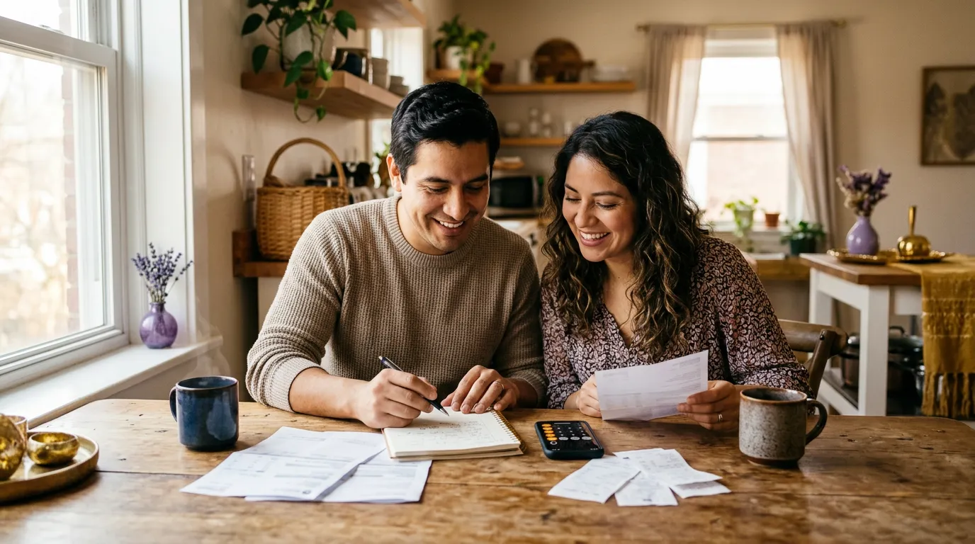 Pareja sentada a la mesa de la cocina revisando juntos las cuentas del mes con una calculadora y una libreta